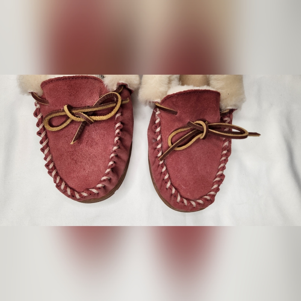 NEW LL Bean Wicked Good Slippers Moccasins Pink Leather Suede Real Lamb Fur 7M - Picture 7 of 11